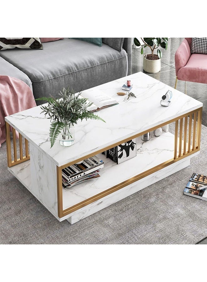 DubaiGallery طاولة قهوة مميزة 120×60 سم مع مساحة تخزين مفتوحة، سطح أبيض حديث وإطار خشبي، طاولة مركزية عملية وزخرفية لمجموعة أثاث غرفة المعيشة - Image 1